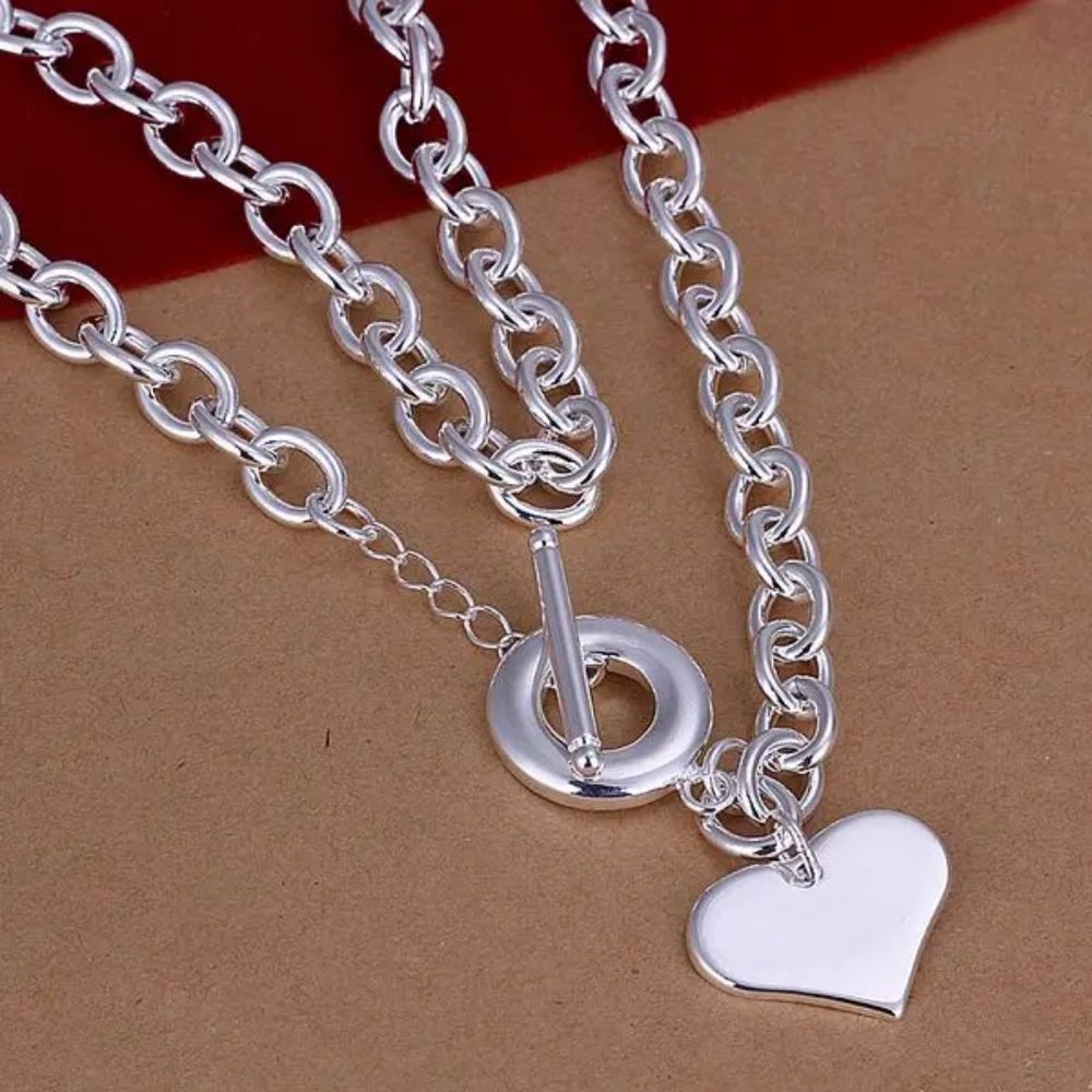 Toggle O-Chain w/ Heart Pendant 18 Inch Long Chain Stamped .925 Sterling Silver - Picture 3 of 3